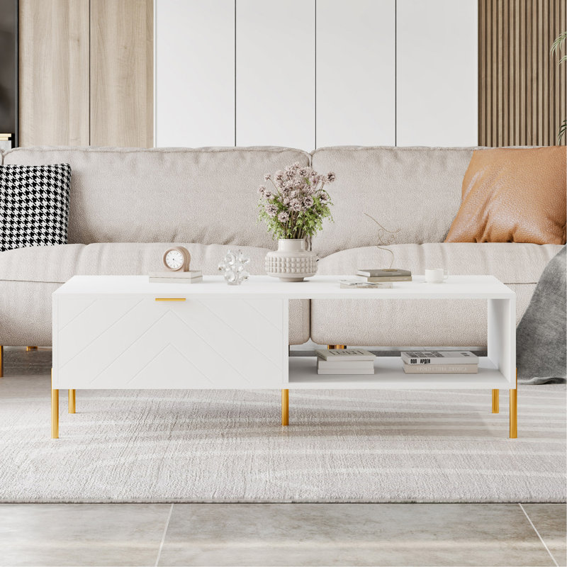 Table basse Mid-Century moderne avec tiroirs doubles (blanc)
