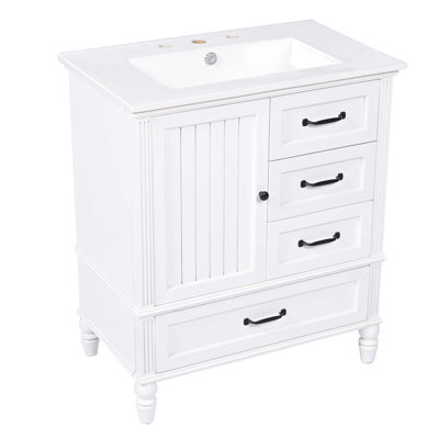30" Bathroom Vanity With Sink, Bathroom Cabinet With A Door, Three Drawers, Solid Wood Legs & MDF Board, Adiustable Foot Pads, White