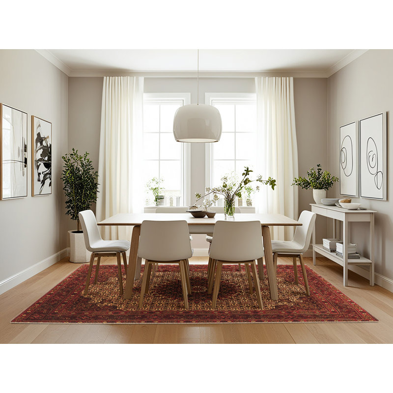 Tapis oriental blanc / rouge / brun en laine et polyester tissé à la machine 7 pi x 10 pi Persefoni