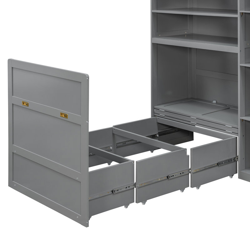 Lit escamotable simple avec garde-robe, armoires de rangement et tablettes ouvertes à DEL, Gris