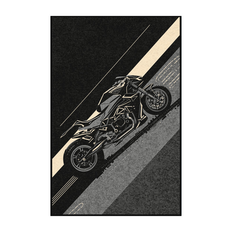 Machine Washable Eldred Cyberpunk Motorcycle Modern Geometric Rug in Gray – Black Binding, 6x9