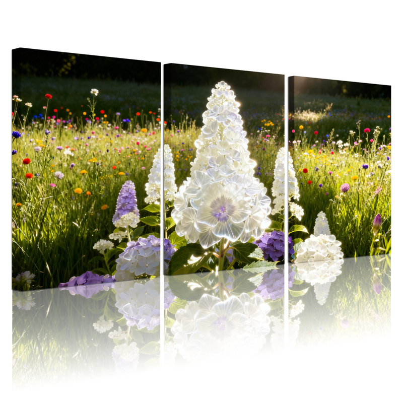 «White Delphinium Floral Meadow», reproduction d'art sur toile tendue sur toile (ensemble de 3), H 18 po x l 36 po
