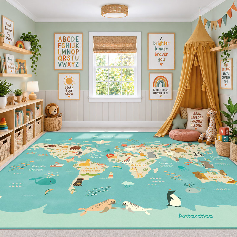 Tapis de jeu lavable pour enfants – 2,4 x 3 m (8 x 10 pi) – Idéal pour les tout-petits d'âge préscolaire et les petites filles. Éducatif avec de beaux animaux. Antidérapant, résistant aux taches, doux et sécuritaire pour la chambre, la salle de jeux et la classe. Bleu.