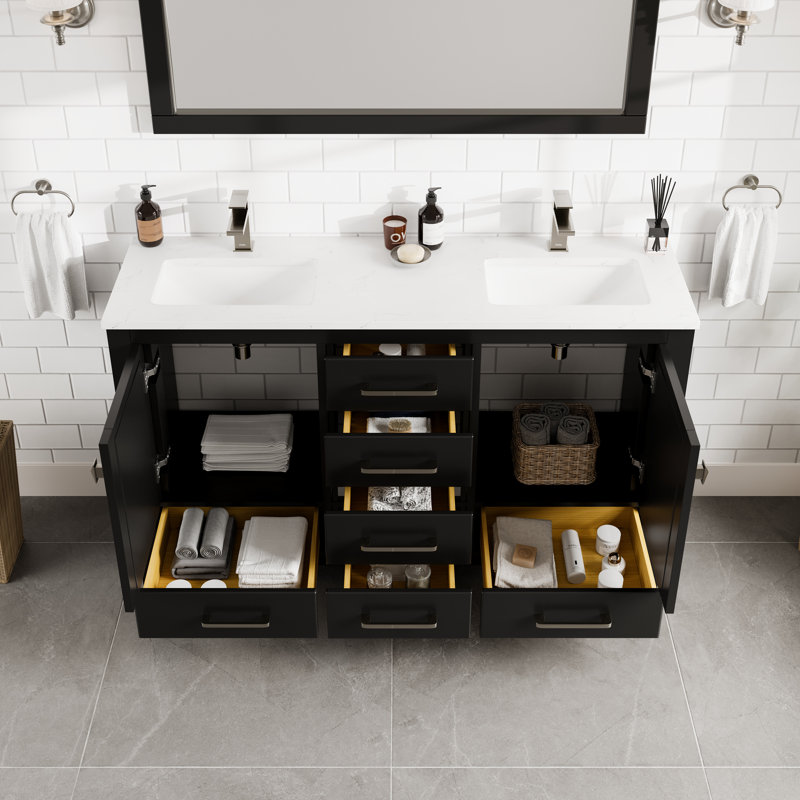 London Meuble-lavabo à double cuve espresso avec comptoir en quartz de Carrare et lavabos en porcelaine encastrés
