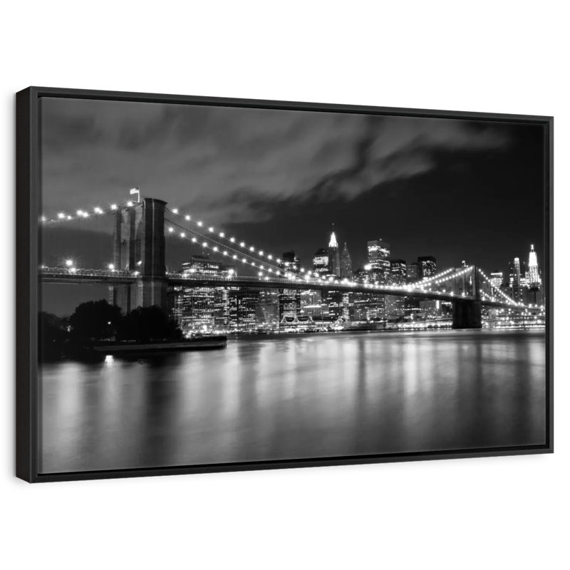 Pont de Brooklyn la nuit, 46 po x 31 po, Cadre flottant noir
