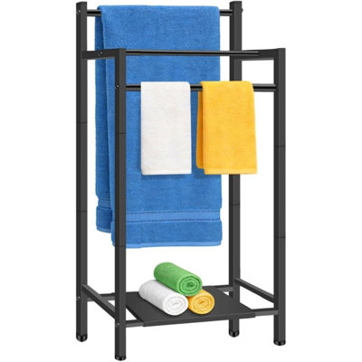 Porte-serviettes autoportants pour salle de bain, séchoir à serviettes à 3 niveaux avec tablette de rangement mobile, grand porte-serviettes en métal pour piscine extérieure, noir