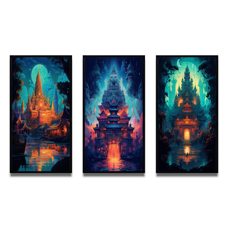 Magical Buddhist Temple Dreamscape - Buddhism Art Set Of 3 Pieces, Cadre flottant noir, H 28 po x l 36 po