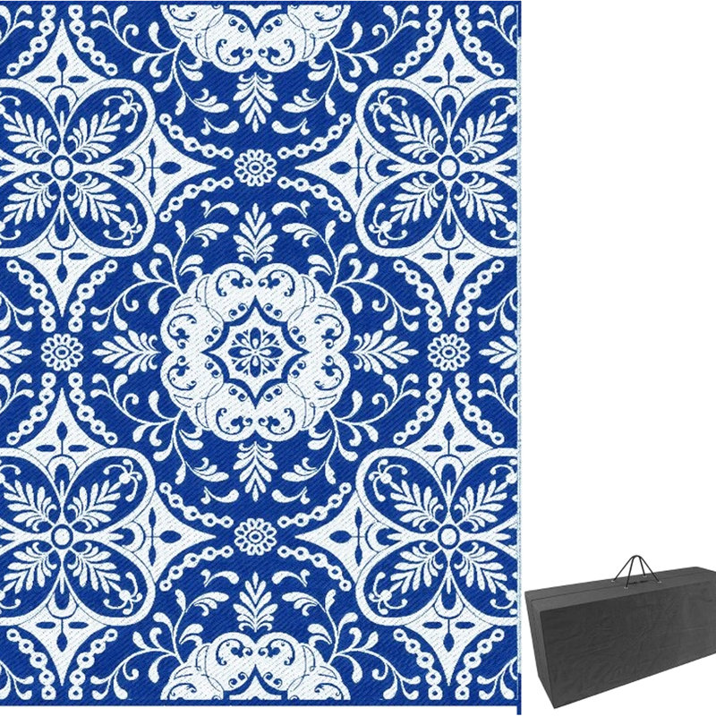 Tapis de camping portatif extérieur - réversible à motif floral bleu et blanc, fibres de polypropylène rapides, bordure, en polypropylène 310G / M,