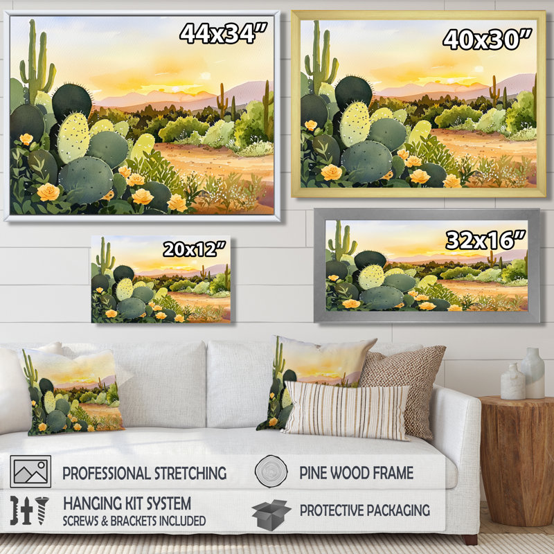 Cactus Landscape At Sunset III - Floral Cactus Print, art mural, Impression dans un cadre flottant sans passe-parto, Doré