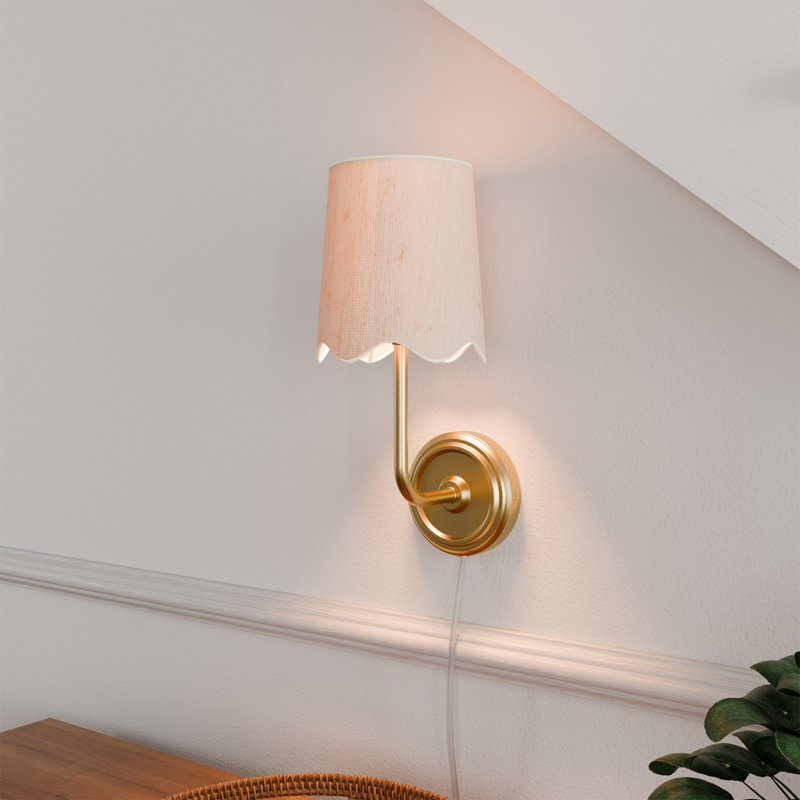 1-Light Matte Brass Hardwire or Plug-In Wall Sconce with White Fabric Shade
