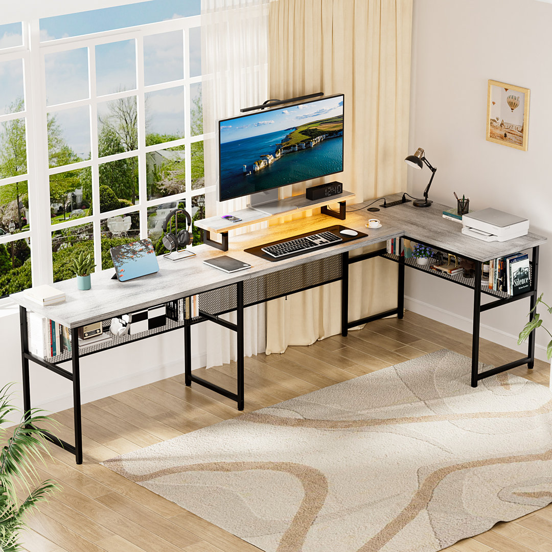 Manasa 83" U-Shape Computer Desk with LED Light Strip and Sockets Inbox Zero Color 