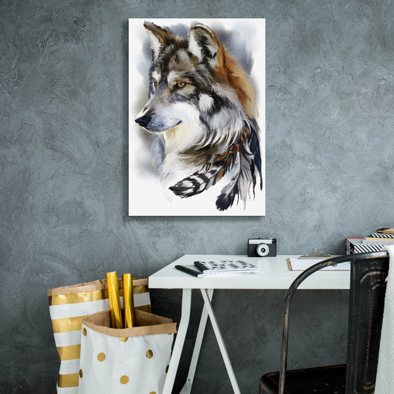  «Red Wolf Head and Bird Feathers» par Kajenna, art mural sur toile, 18 po x 26 po, H 26 po x l 18 po