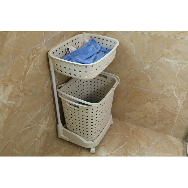 Panier à linge mince avec roulettes - Chariot à linge roulant à 2 niveaux, panier en plastique étroit, compartiments doubles, roulettes pivotantes à 360 degrés, rangement compact pour salle de bain, chambre à coucher, buanderie, blanc