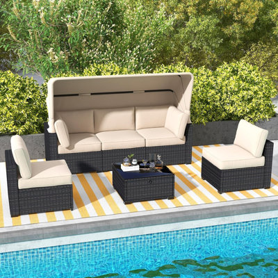 6PCS Patio Furniture Set, Rattan Wicker Conversation Set with Retractable Canopy & Coffee Table, Outdoor Table and Chairs Set for Backyard Balcony by George Oliver