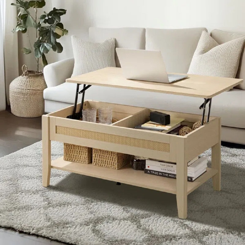 Rattan Lift-Top Coffee Table with Hidden Storage & Open Shelf