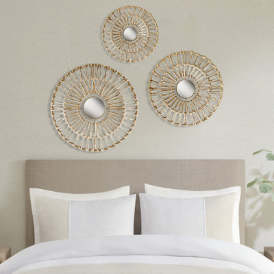 Natural Fiber And Mirror 3 Wall Decoration - Home Decorative Idea 20.5", 17.25", 13.25" Diameter Corn Husk Crafted, Feature, Easy Mount Option Decor With & By Modern Craft, To Hang