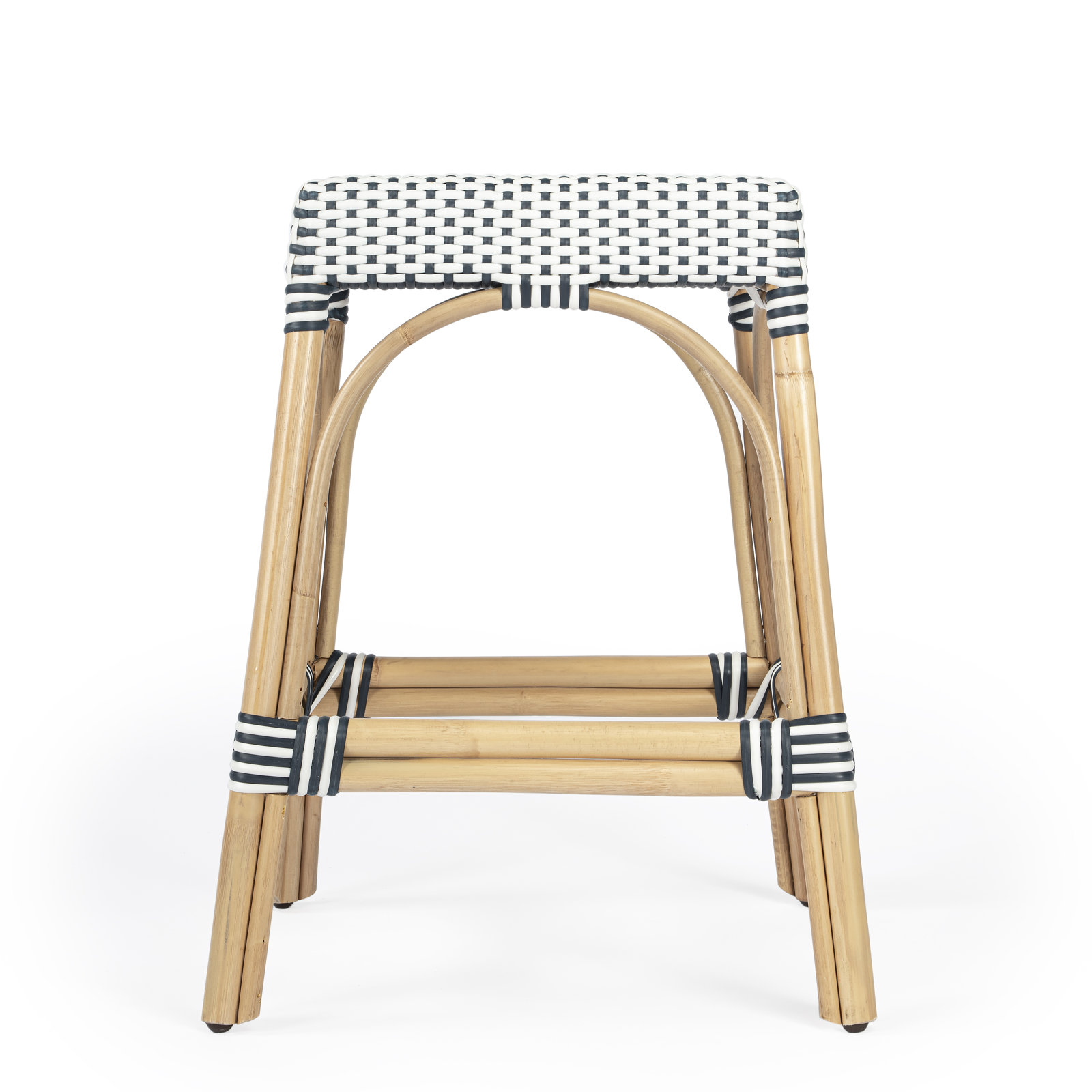 Lennart Bar Stool, White/Navy Dot/ Natural Rattan Frame, Bar Stool (30" Seat Height)