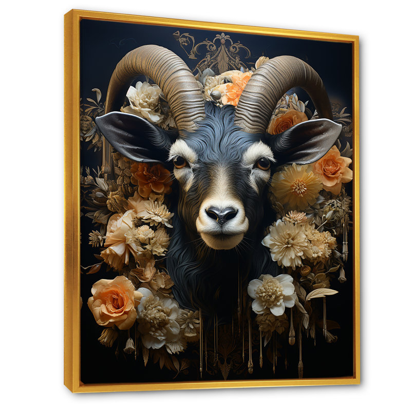 Chèvre noire, Illustration florale - Art mural animal de chèvre, Cadre flottant doré, H 20 po x l 12 po x P 1 po