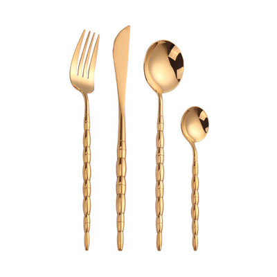 Ensemble de couverts en acier inoxydable doré 18/10, couteau à steak 4 pièces, fourchette, cuillère et cuillère à thé avec texture martelée