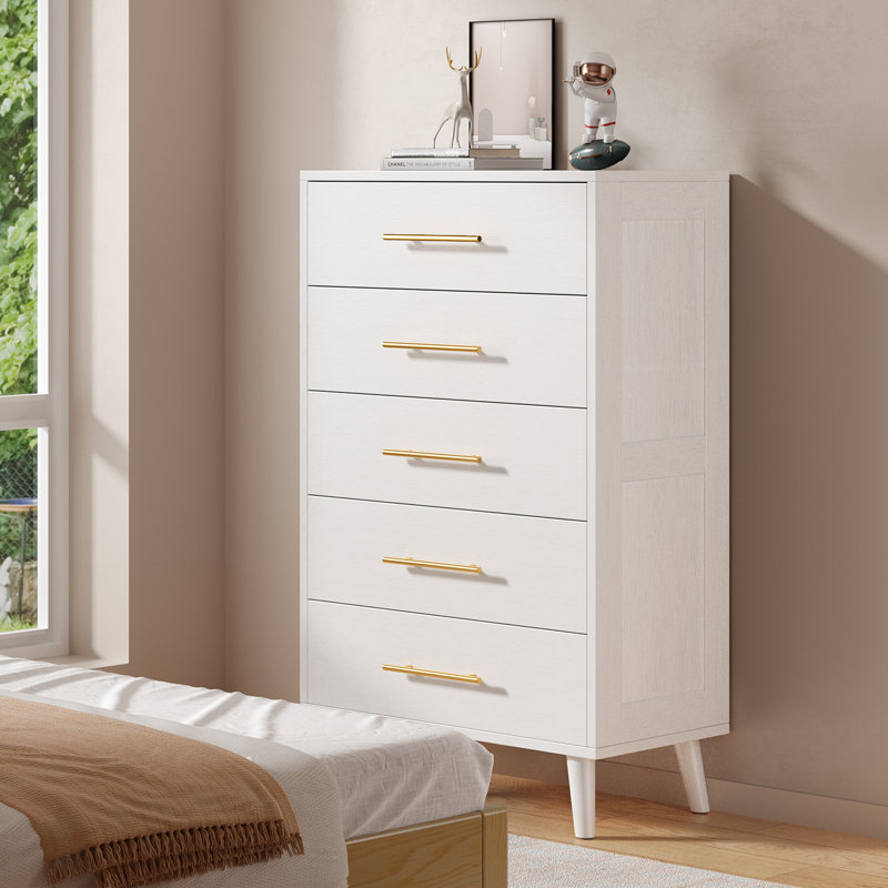 White 5-Drawer Dresser with Gold Handles and Deep Storage