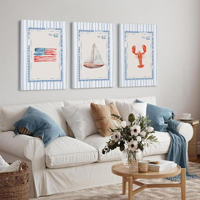 Blue Beach Stamp Wall Art Ocean Canvas Pictures Coastal Grandmother Wall Decor Ocean Fisherman Poster Prints Watercolor Coastal Painting Preppy Aesthetic Artwork for Bedroom 12x16 Inch Ready to Hang
