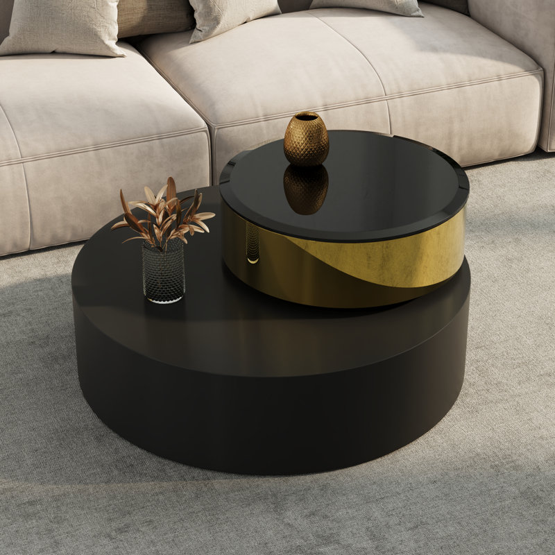 31.5 Inch Black And Gold Coffee Table 2 Tiers Center Table With 360°Swivel Tabletop, Black, Black/Gold