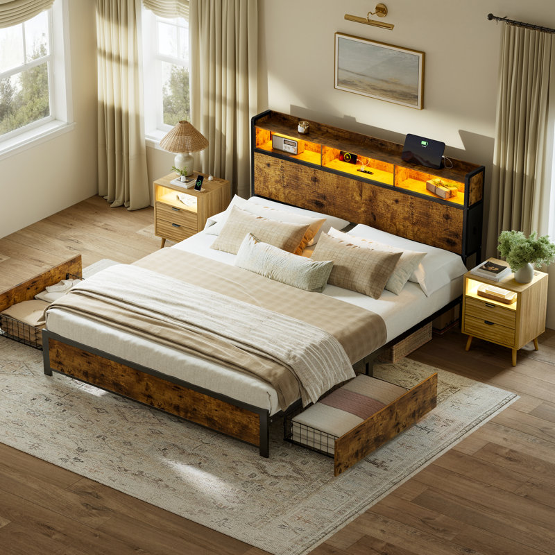 3 Piece Bedroom Sets, Modern Bed With 2 Drawers& 2 Wave Nightstand, Brun / Naturel, Grand lit