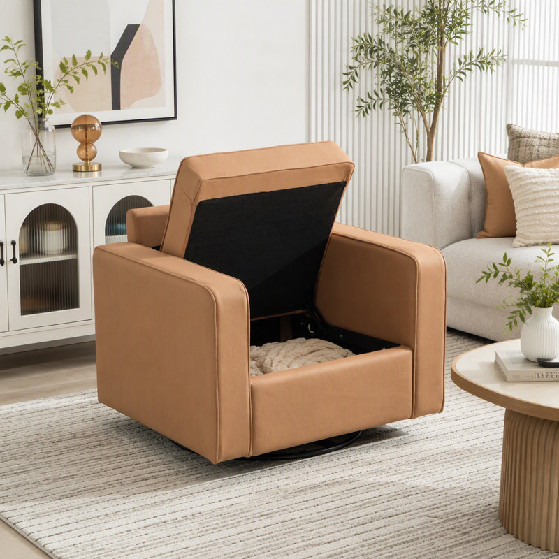 Fauteuil pivotant carré 33,6 po avec rangement caché et accoudoirs en tissu Tech, Ambre