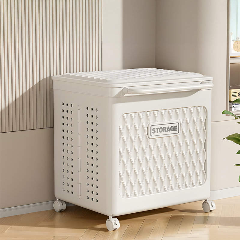 Foldable Laundry Basket with Wheels, 48cm H x 47.5cm W x 38cm D, White