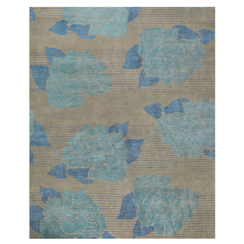 Lux Rose Floral Area Rug in Blue/Taupe, Rectangle 6' x 9'