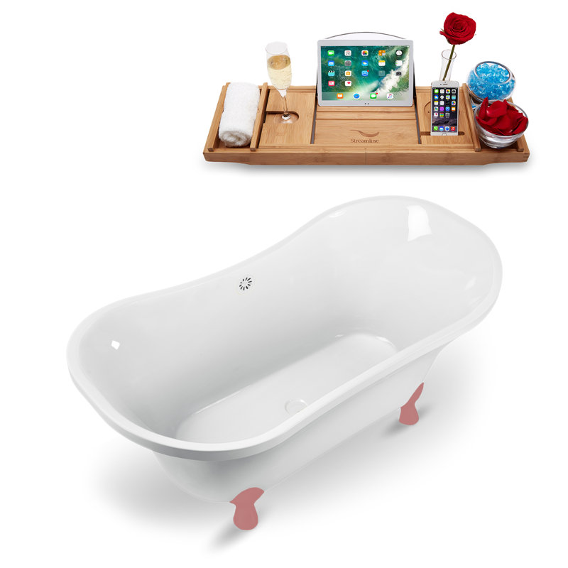 60" Streamline Clawfoot Soaking Acrylic Bathtub, Glossy White, Matte Pink
