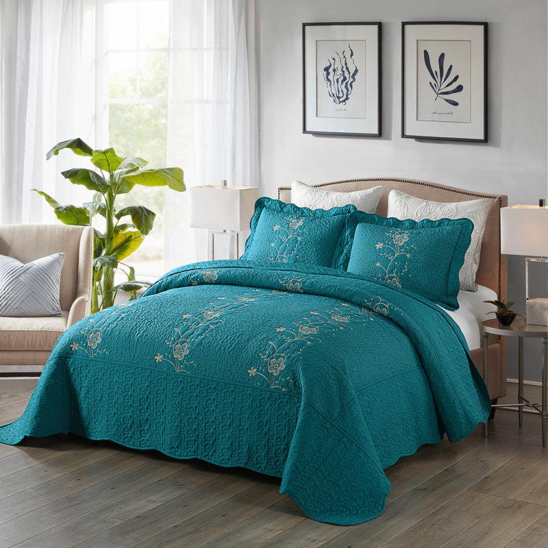 Polyester No Floral Coverlet, Queen Bedspread + 2 Shams, Teal