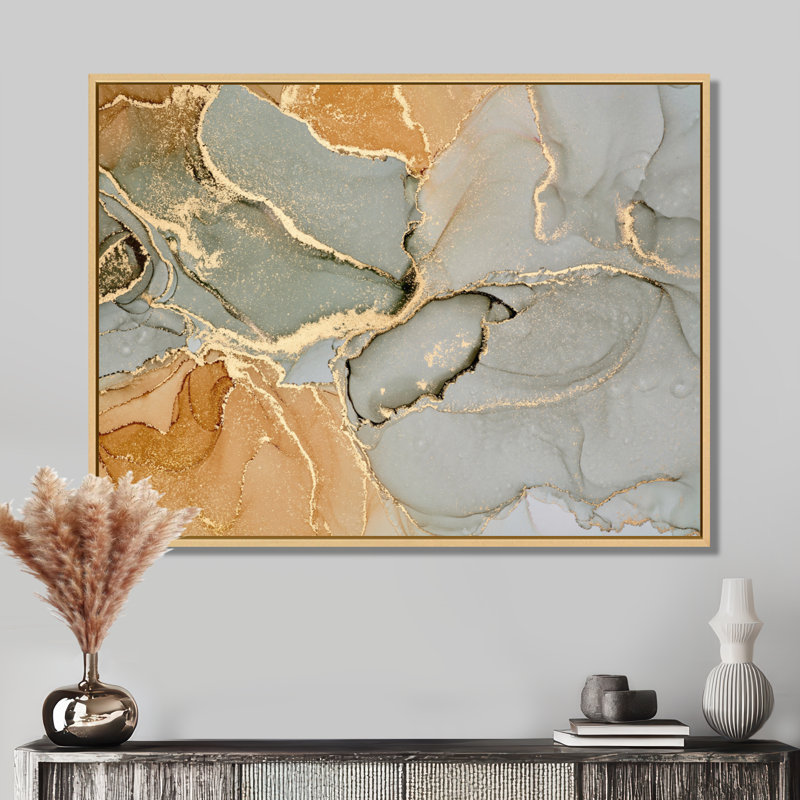 «Brown Luxury Abstract Fluid IV», peinture sur toile, H 16 po x l 32 po, Reproduction avec cadre flottant, Érable