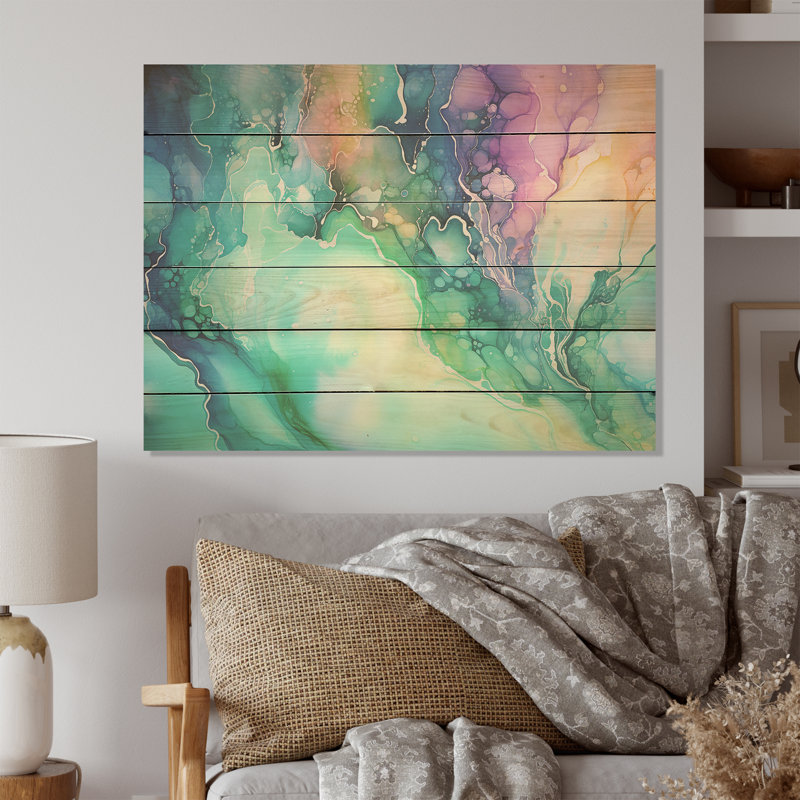 Teal Purple Borealis Liquid Ink - Aurora Borealis Wood Wall Art On Natural Pine Wood, 10" H x 20" W