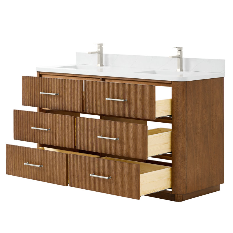 Ensemble de meuble-lavabo double 60 po Francesco, Quartz Giotto, Brushed Nickel, Brun