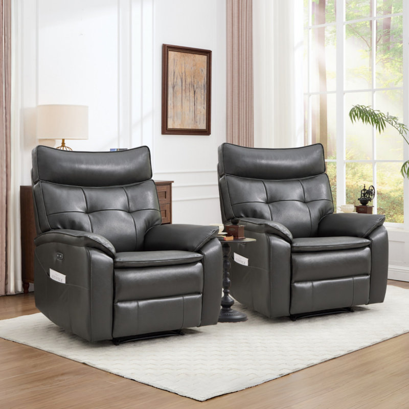 35.8" Wide Sleek Modern Top Genuine Leather Upholstered Power Recliner With Side Pocket & USB Port (Set Of 2)