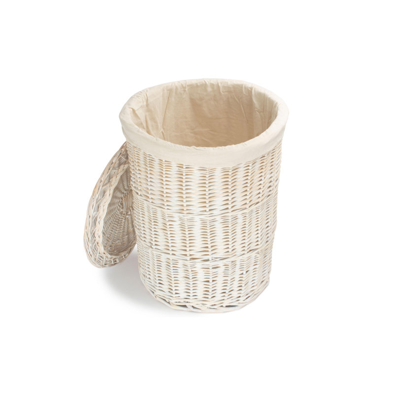 Wicker Round Laundry Hamper Basket with Lining, White Wash/White, 60" H x 46" W x 46" D