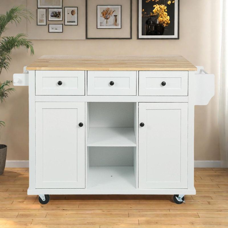 Kitchen Cart with Drop-Leaf Countertop and Internal Storage Racks, White