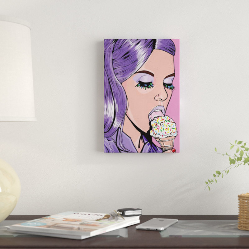«Purple Ice Cream Comic Girl», impression sur toile, H 26 po x l 18 po x P 1,5 po, Toile avec cadre noir, Pas de tapis