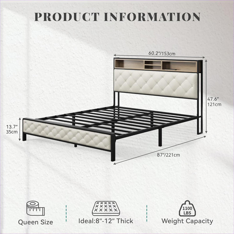 Base de lit plate-forme rembourrée beige doux, lit pour grand lit avec station de charge intégrée et tête de lit de rangement, aucun sommier nécessaire