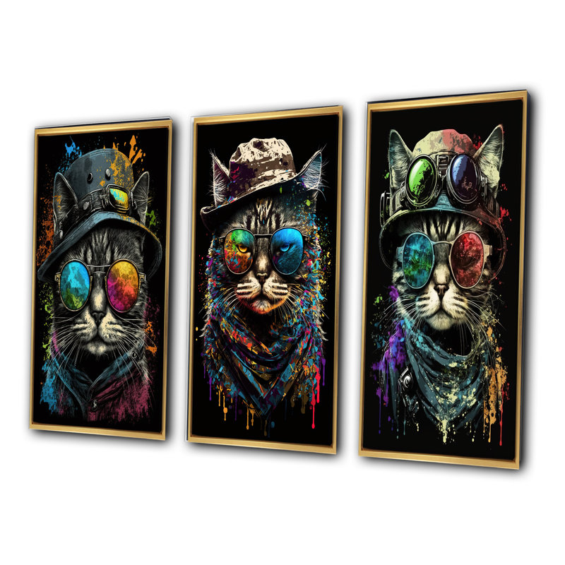 «Chat bohémien avec lunettes de soleil», 3 pièces sur toile, Or, H 20 po x l 36 po