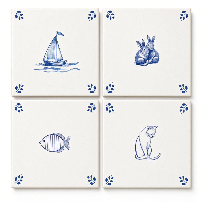 Carreaux de mosaïque autocollants en vinyle bleu et blanc motif cottage côtier, 15 x 15 cm
