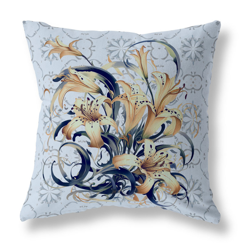 Coussin décoratif intérieur / extérieur Lily Legends, H 26 po x l 26 po, Bleu / floral châtaignier