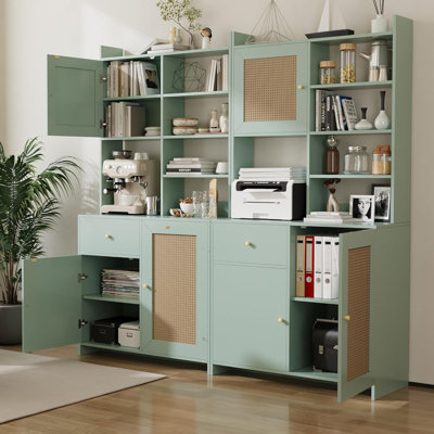 Armoire garde-manger Farmhouse - bahut de 71 po de hauteur avec 3 tablettes réglables, support pour micro-ondes, tiroir, 3 portes en rotin - Buffet de rangement polyvalent pour la salle à manger, la cuisine, le salon