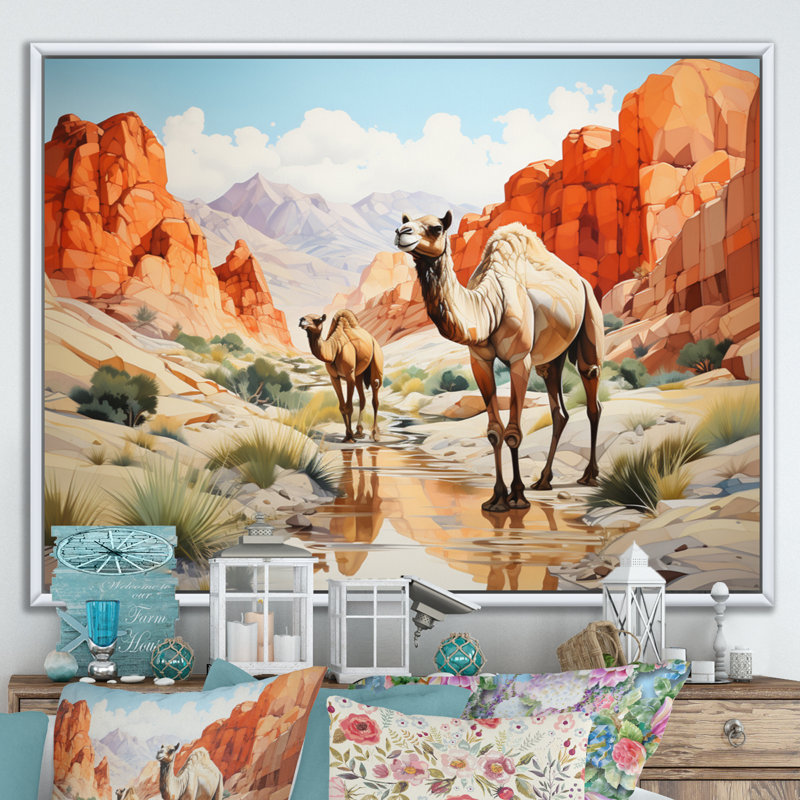 «Camel Desert Wanderer Geometric», reproduction sur toile, H 34 po x l 44 po x P 1,5 po, Cadre flottant blanc