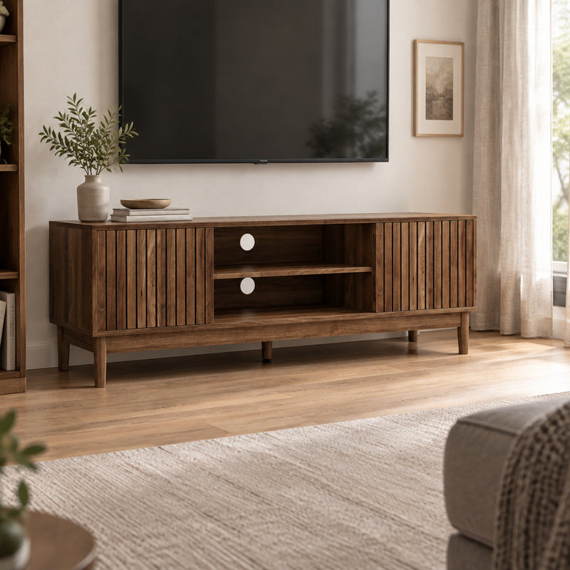 Meuble télé rustique en noyer avec rangement, centre multimédia de 55,19 pouces pour téléviseurs de 65 pouces