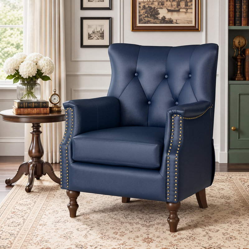 Fauteuil Redi vintage à oreilles de 75 cm de large, recouvert de similicuir et doté de pieds en bois massif., Navy