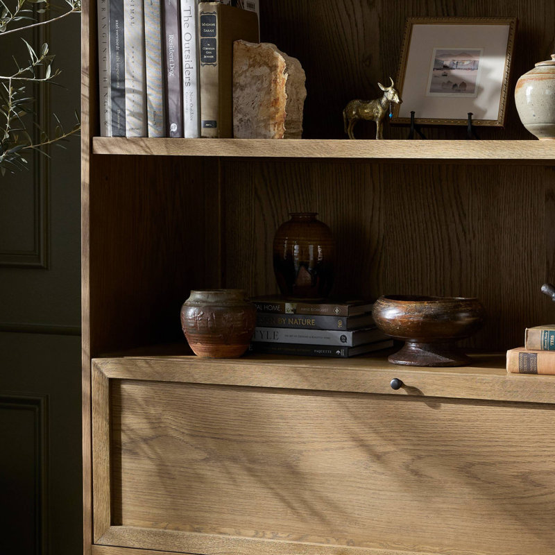 Millie Bookcase-Drifted Matte Black Veneer, Drifted Oak Solid