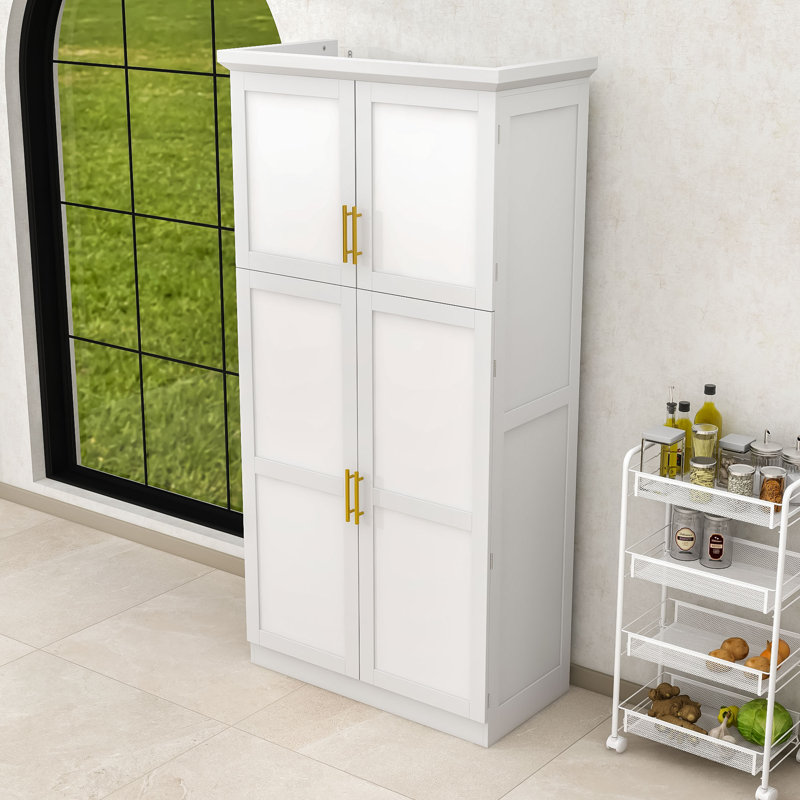 Grand garde-manger autoportant avec plateaux coulissants, tablette réglable et dispositif anti-basculement, Blanc, Doré