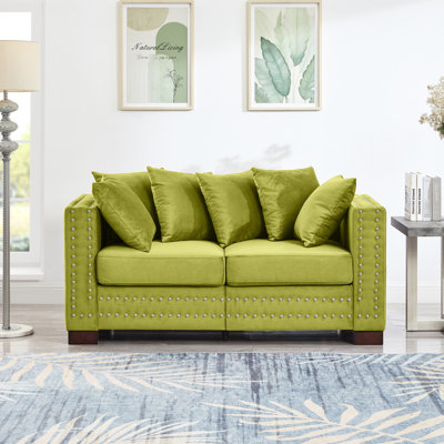 Velours moderne pour 2 personnes avec accoudoirs carrés et clous argentés, sièges confortables, fonction de rangement, housse lavable avec garniture cloutée, sièges à ressorts,